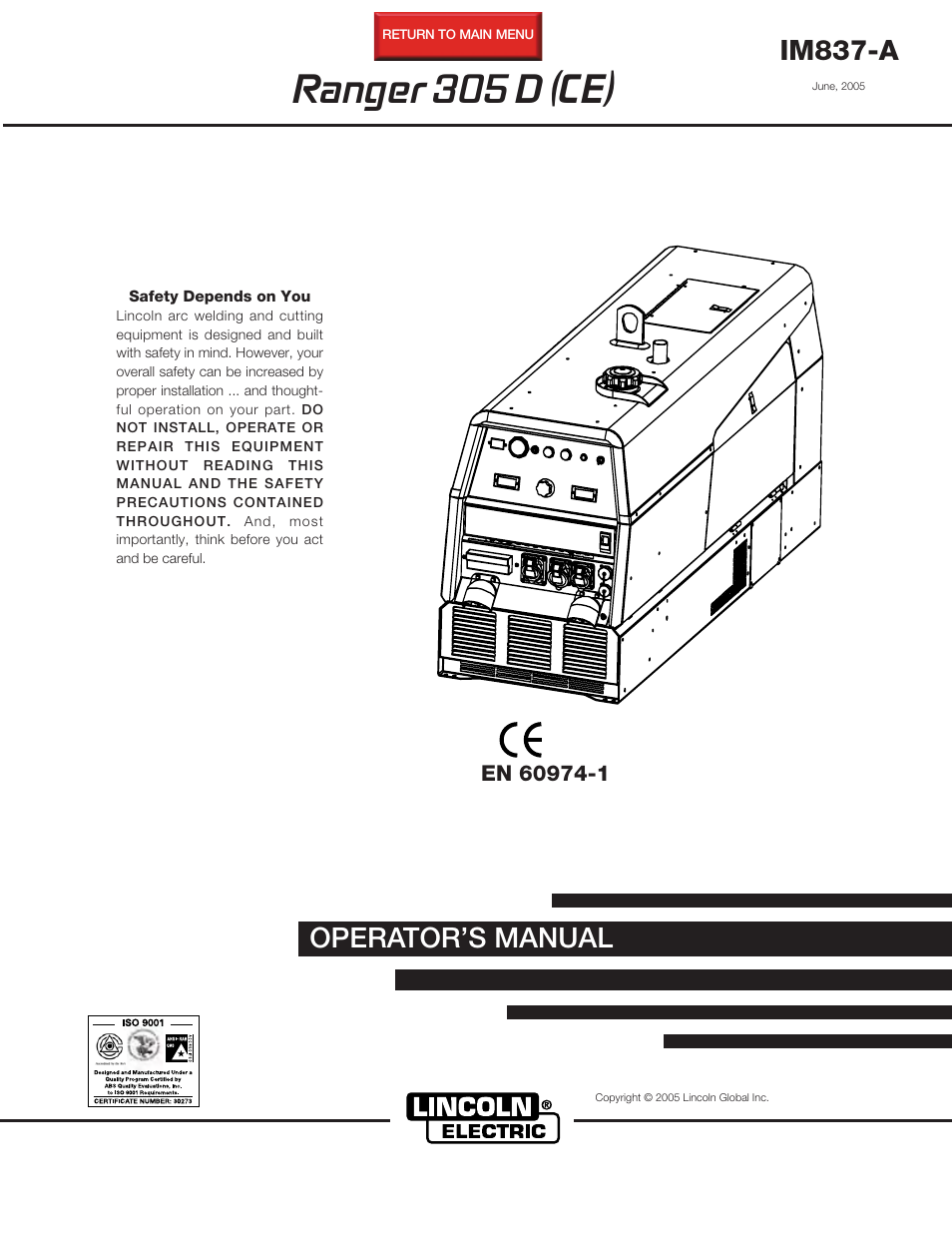 Lincoln Electric IM837 RANGER 305 D (CE) User Manual | 54 pages