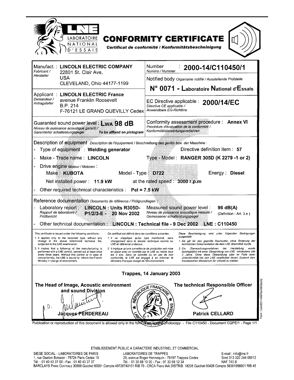 Safety | Lincoln Electric IM837 RANGER 305 D (CE) User Manual | Page 6 / 54