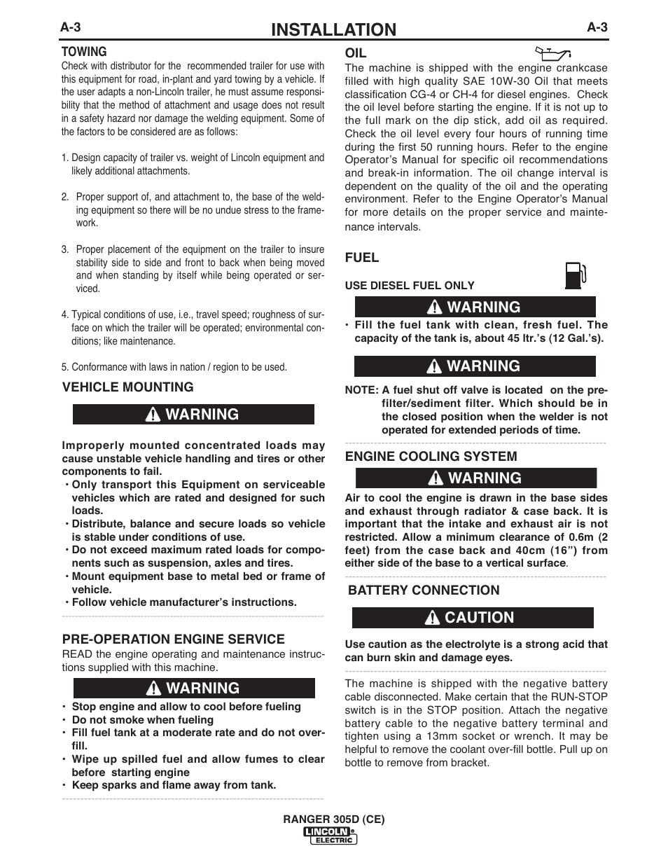 Installation, Warning caution warning warning, Warning | Lincoln Electric IM893 RANGER 305 D (CE) User Manual | Page 15 / 52