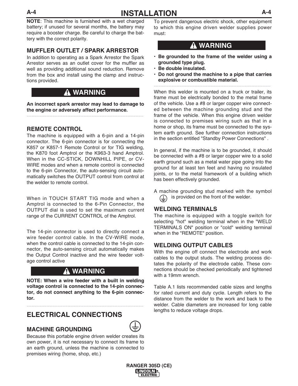 Installation, Electrical connections, Warning | Lincoln Electric IM893 RANGER 305 D (CE) User Manual | Page 16 / 52