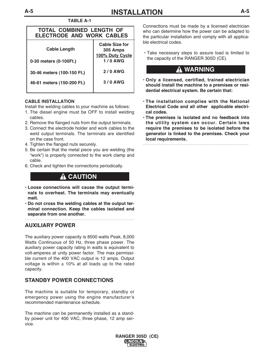 Installation, Caution warning | Lincoln Electric IM893 RANGER 305 D (CE) User Manual | Page 17 / 52