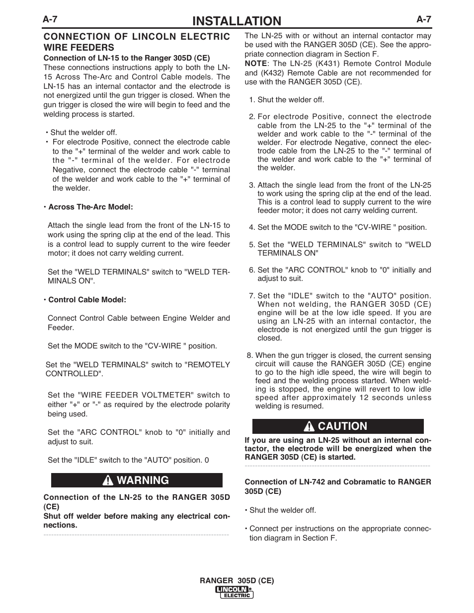 Installation, Warning caution | Lincoln Electric IM893 RANGER 305 D (CE) User Manual | Page 19 / 52