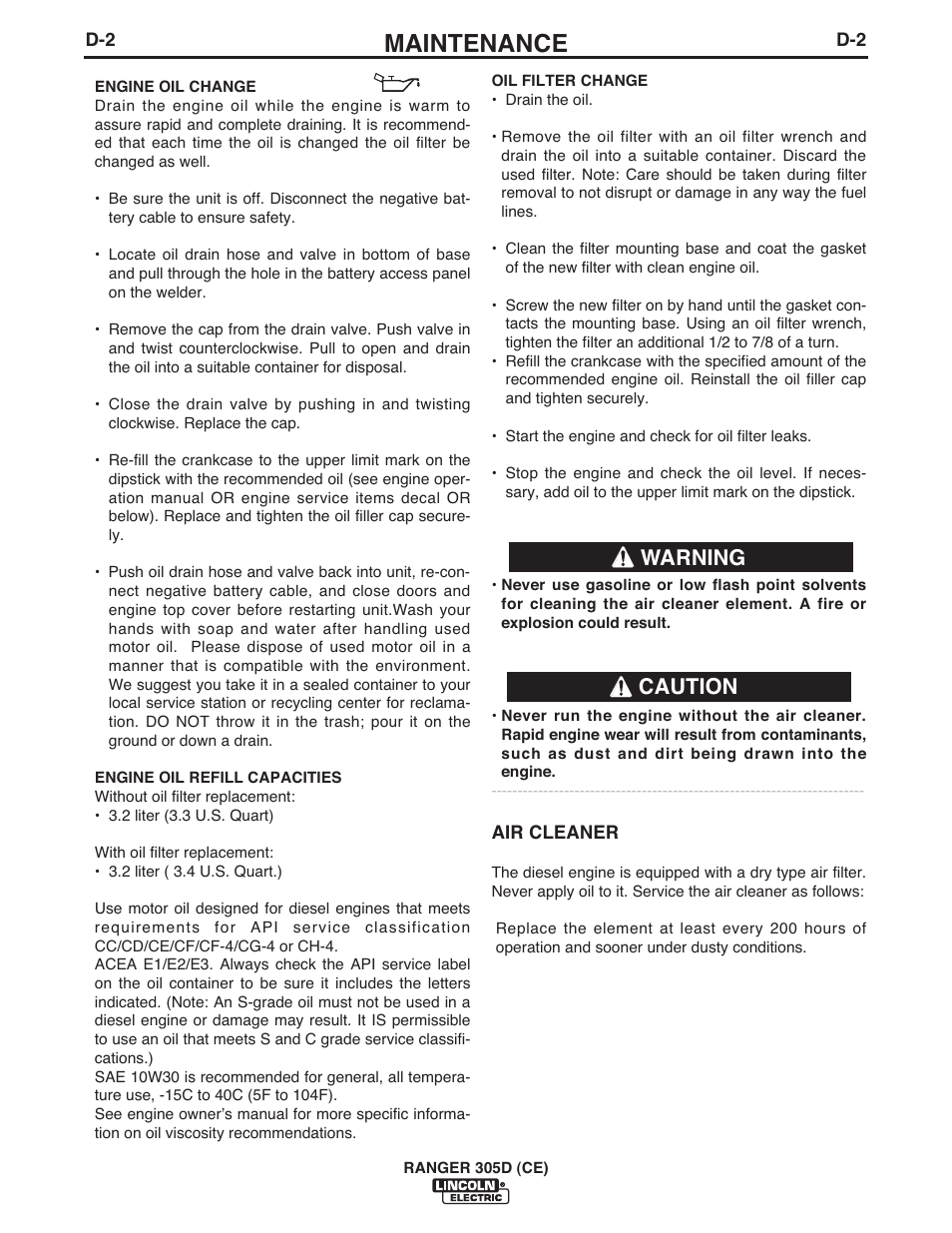 Maintenance, Caution warning | Lincoln Electric IM893 RANGER 305 D (CE) User Manual | Page 28 / 52