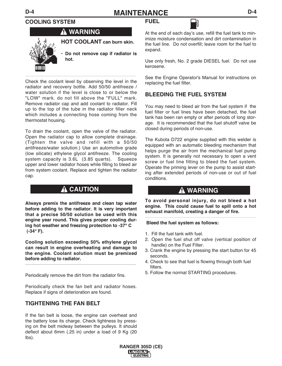 Maintenance, Warning caution warning | Lincoln Electric IM893 RANGER 305 D (CE) User Manual | Page 30 / 52