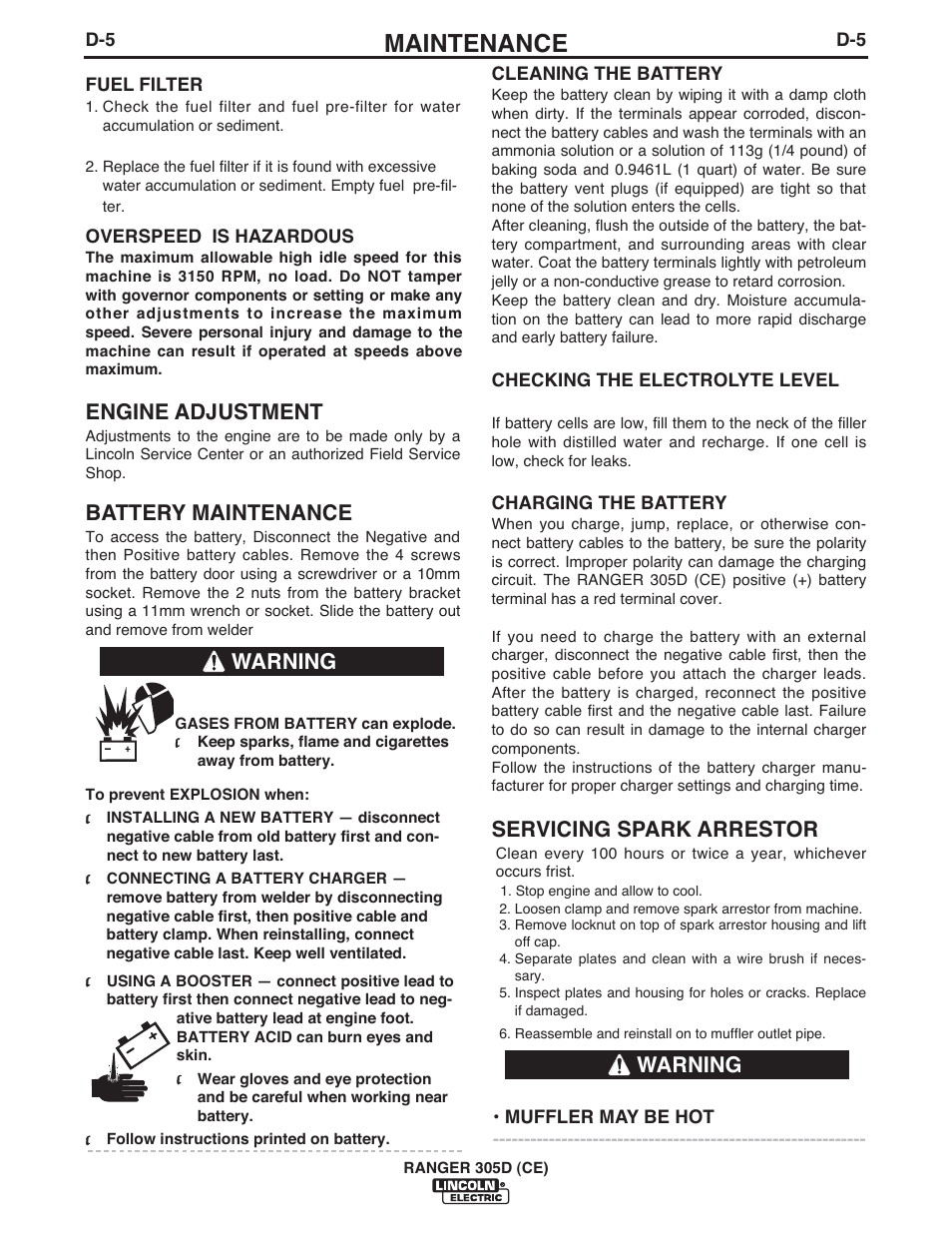 Maintenance, Engine adjustment, Battery maintenance | Servicing spark arrestor, Warning | Lincoln Electric IM893 RANGER 305 D (CE) User Manual | Page 31 / 52