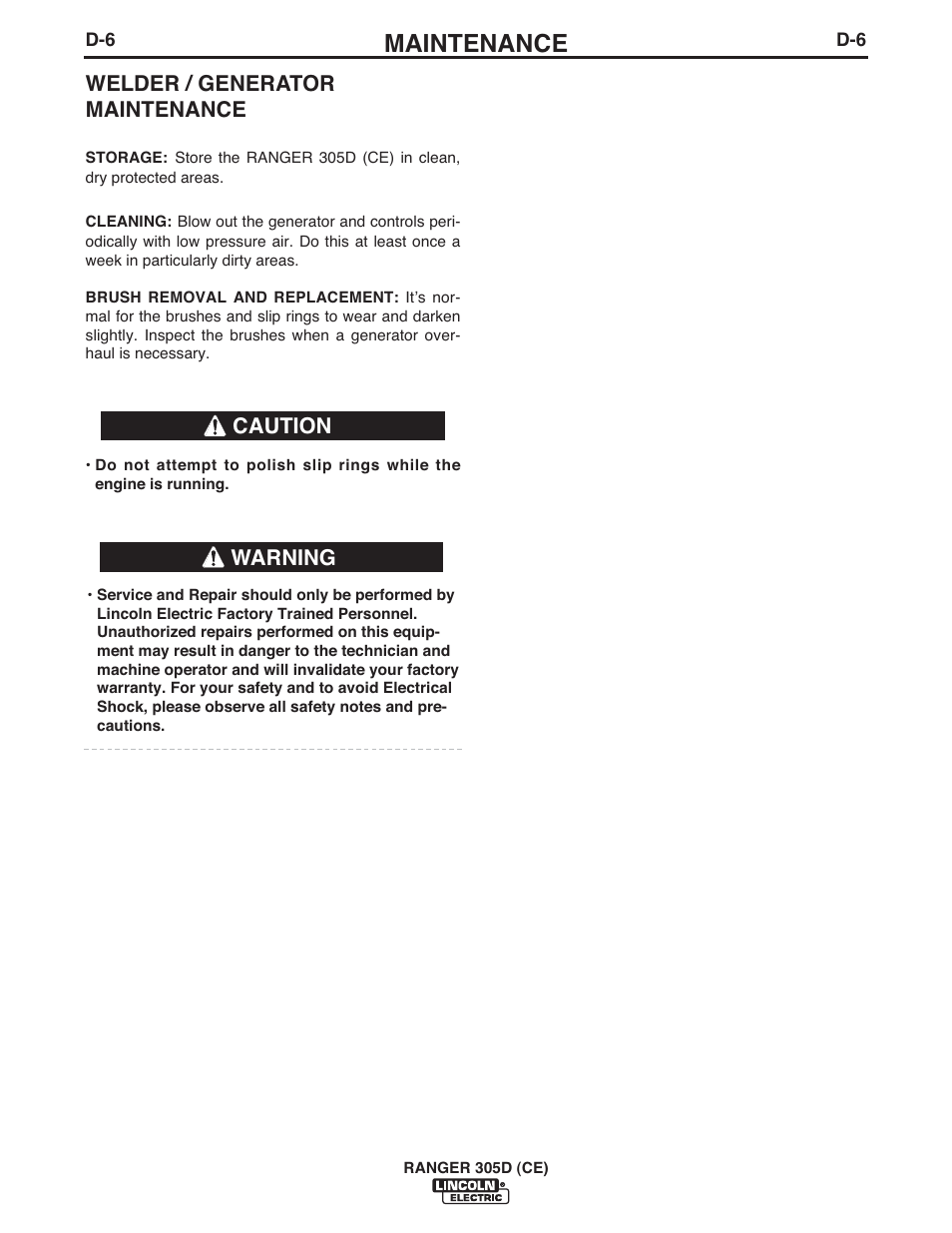 Maintenance, Welder / generator maintenance, Warning | Caution | Lincoln Electric IM893 RANGER 305 D (CE) User Manual | Page 32 / 52