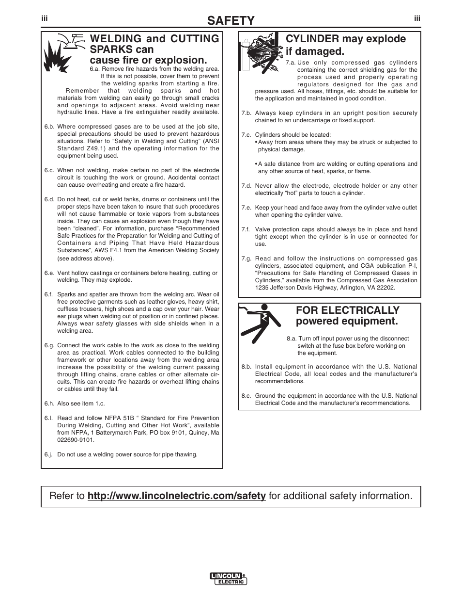 Safety, For electrically powered equipment, Cylinder may explode if damaged | Lincoln Electric IM893 RANGER 305 D (CE) User Manual | Page 4 / 52