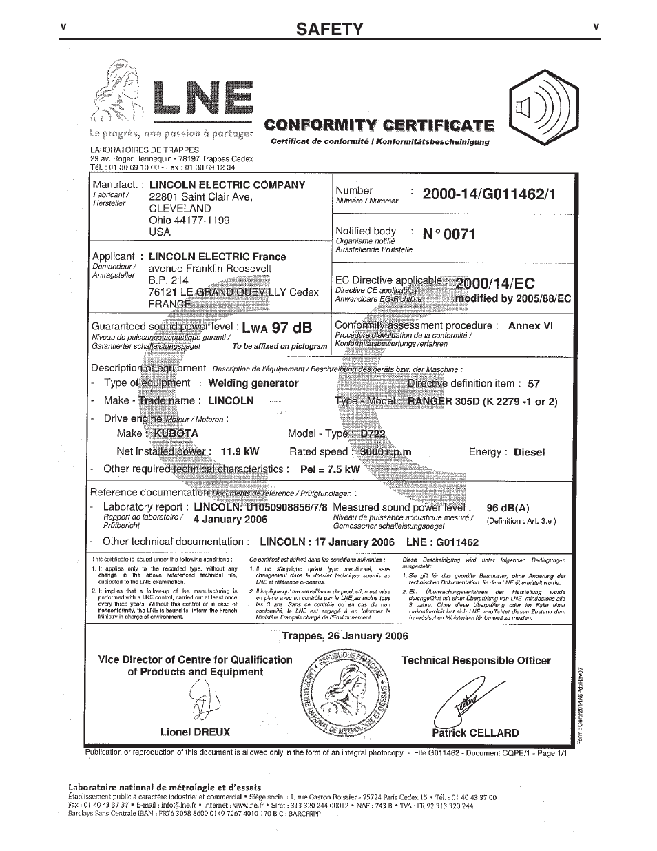 Safety | Lincoln Electric IM893 RANGER 305 D (CE) User Manual | Page 6 / 52