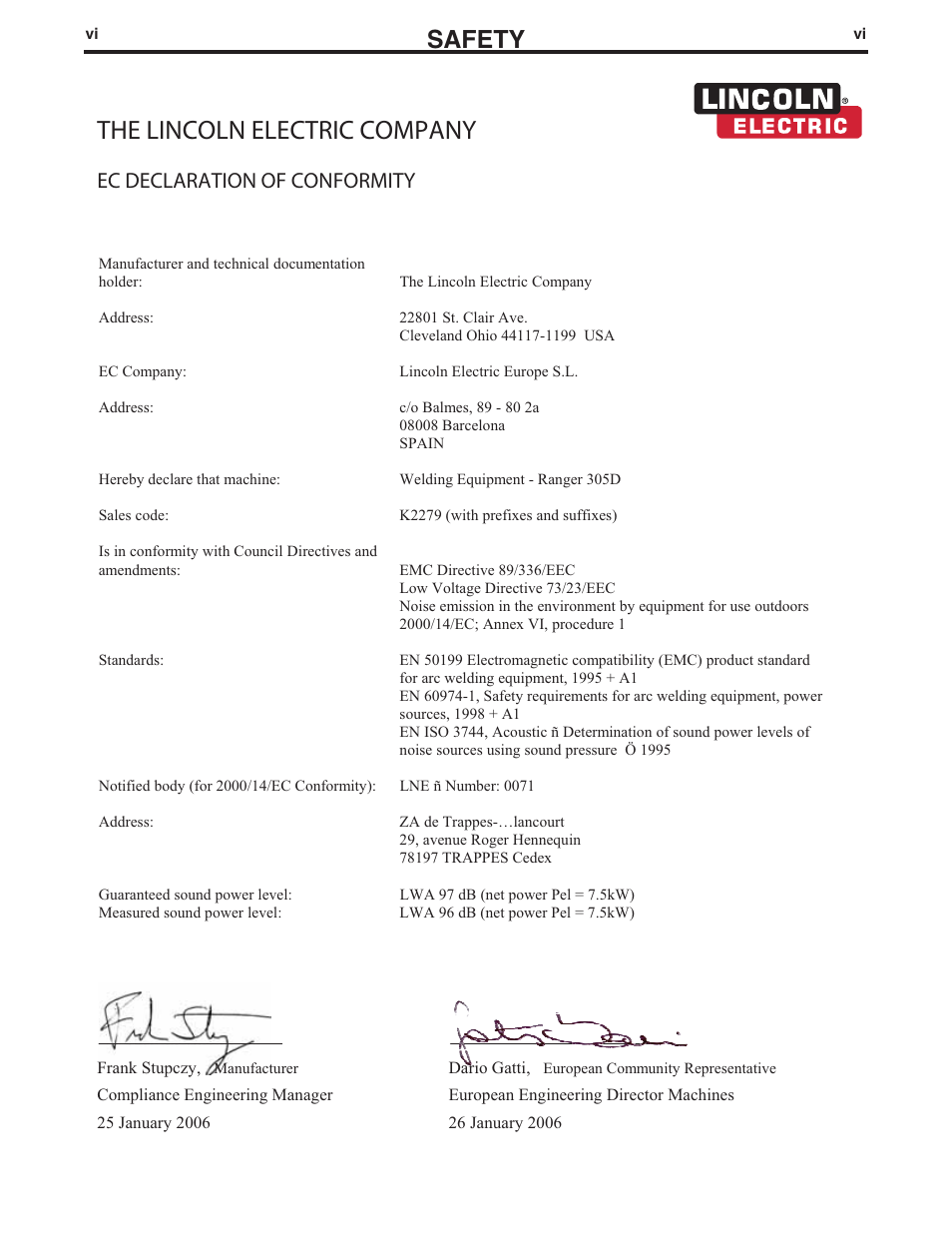 The lincoln electric company, Safety, Ec declaration of conformity | Lincoln Electric IM893 RANGER 305 D (CE) User Manual | Page 7 / 52