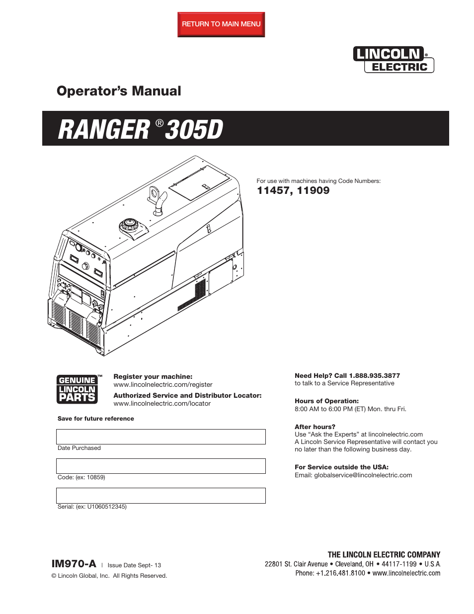 Lincoln Electric IM970 RANGER 305 D User Manual | 76 pages