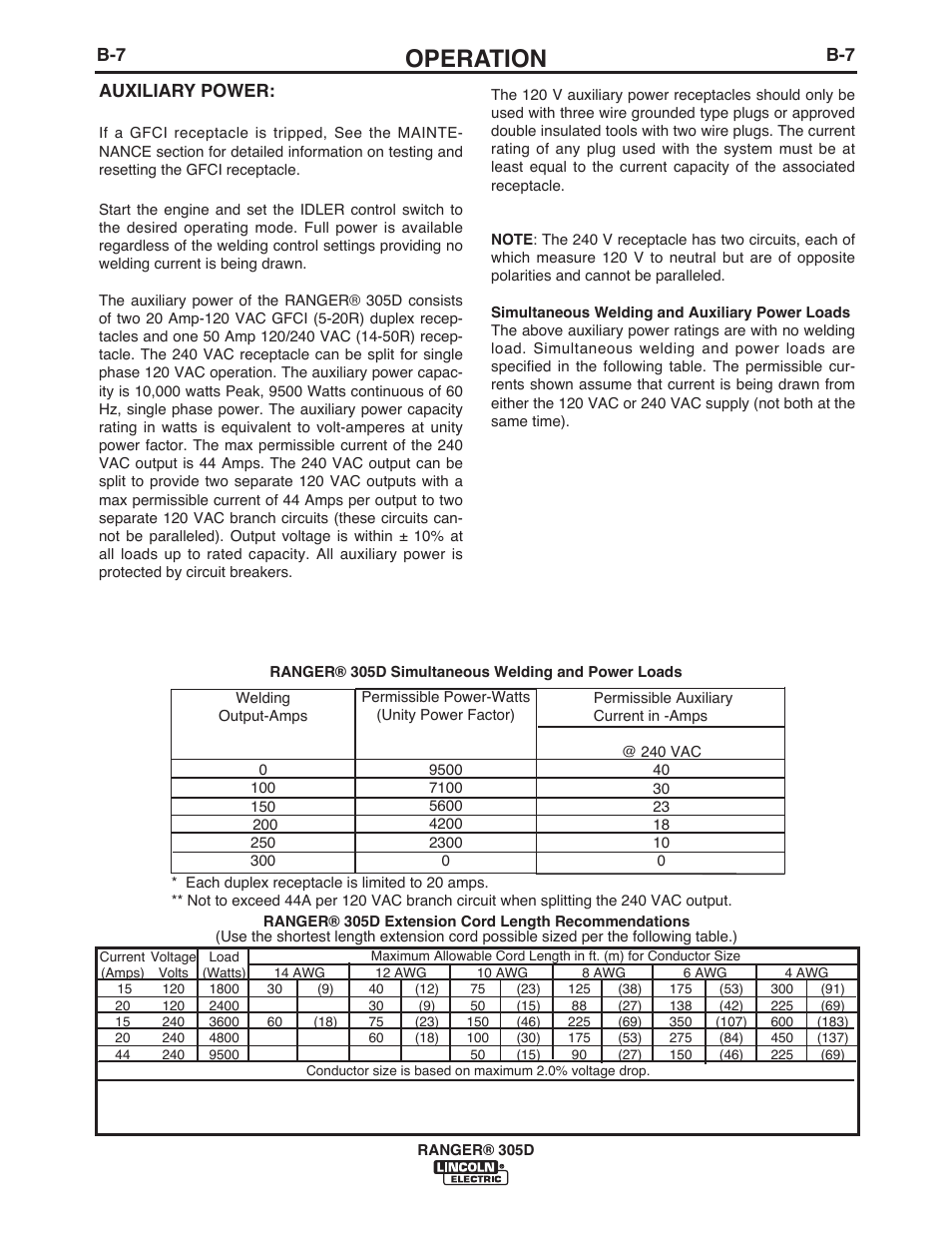 Operation, B-7 auxiliary power | Lincoln Electric IM970 RANGER 305 D User Manual | Page 24 / 76