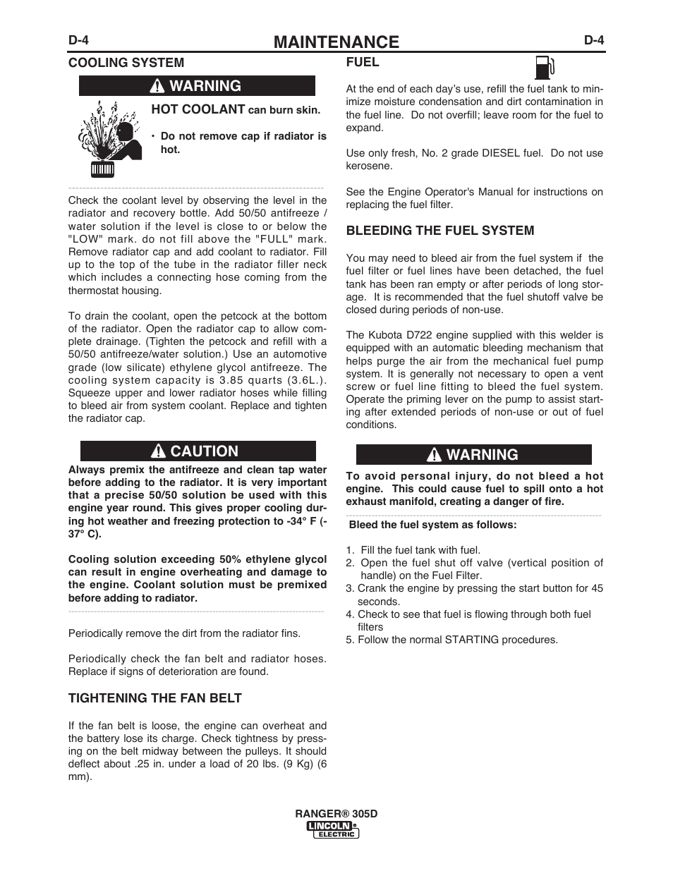 Maintenance, Warning caution warning | Lincoln Electric IM970 RANGER 305 D User Manual | Page 29 / 76