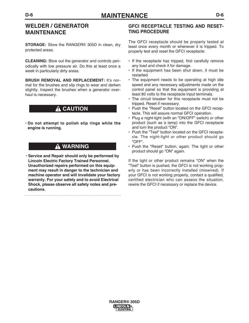 Maintenance, Welder / generator maintenance, Warning | Caution | Lincoln Electric IM970 RANGER 305 D User Manual | Page 31 / 76