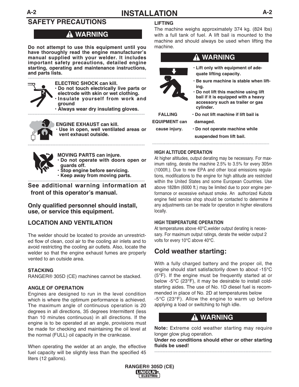 Installation, Cold weather starting, Warning | Safety precautions | Lincoln Electric IM971 RANGER 305 D (CE) User Manual | Page 14 / 52