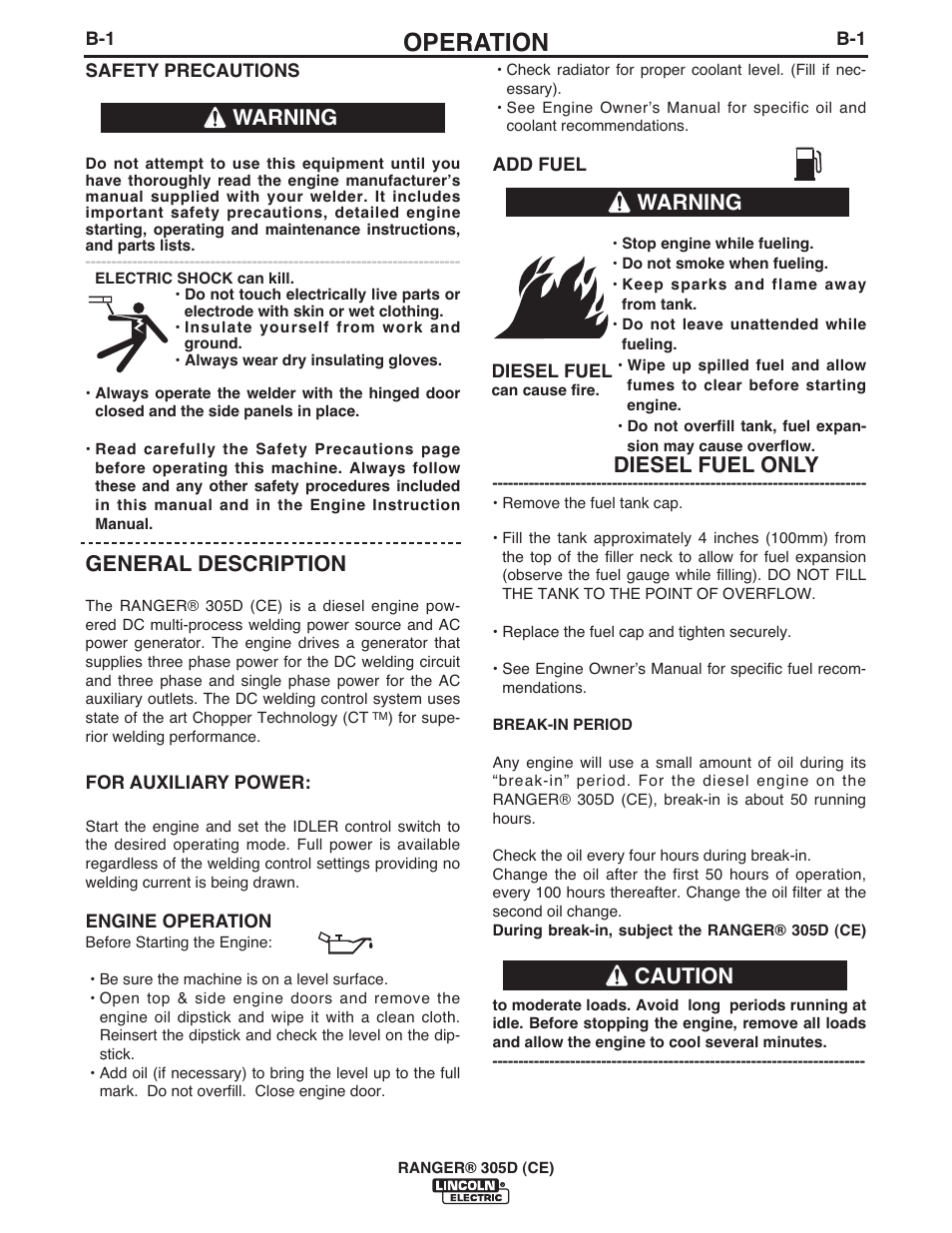 Operation, General description, Diesel fuel only | Warning, Warning caution | Lincoln Electric IM971 RANGER 305 D (CE) User Manual | Page 20 / 52