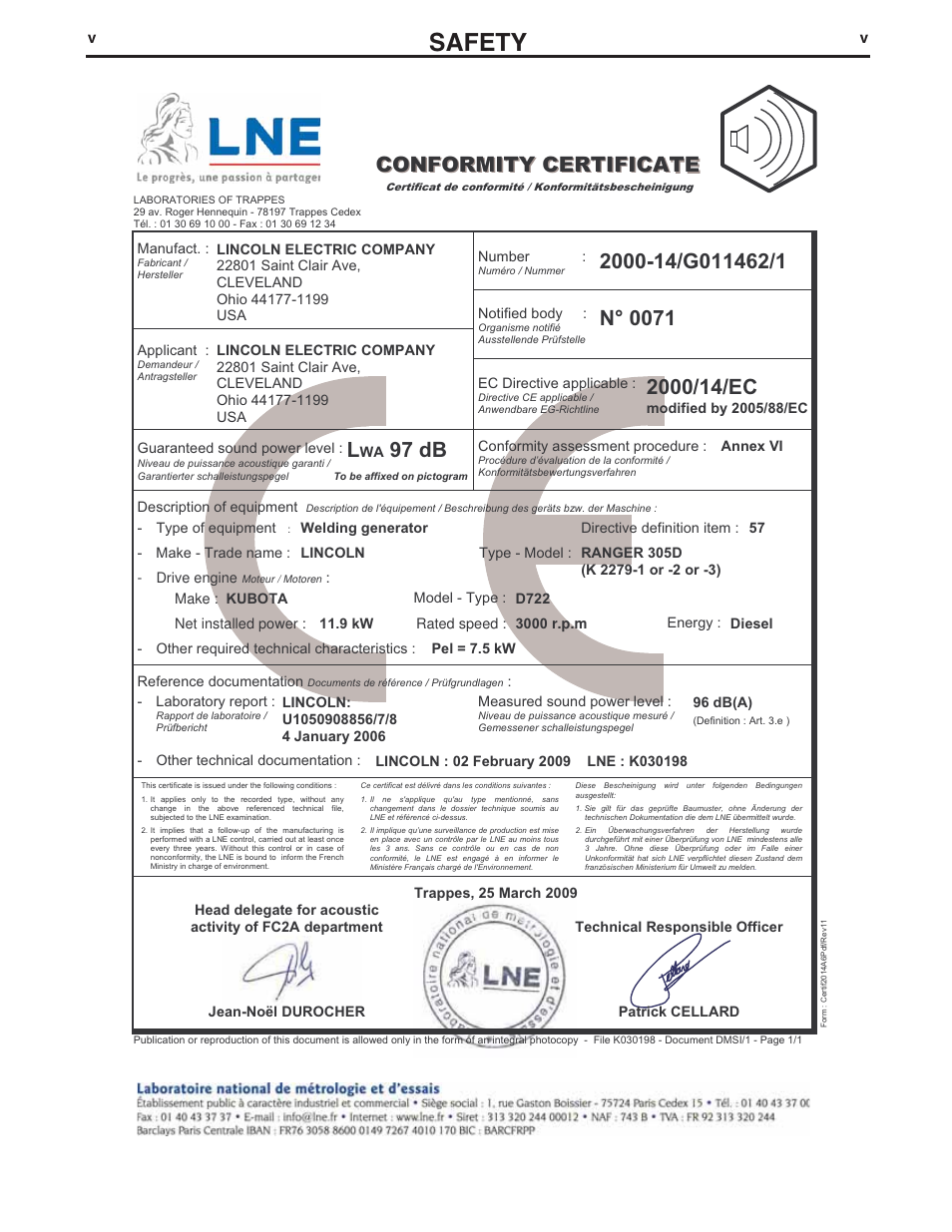 Safety | Lincoln Electric IM971 RANGER 305 D (CE) User Manual | Page 6 / 52
