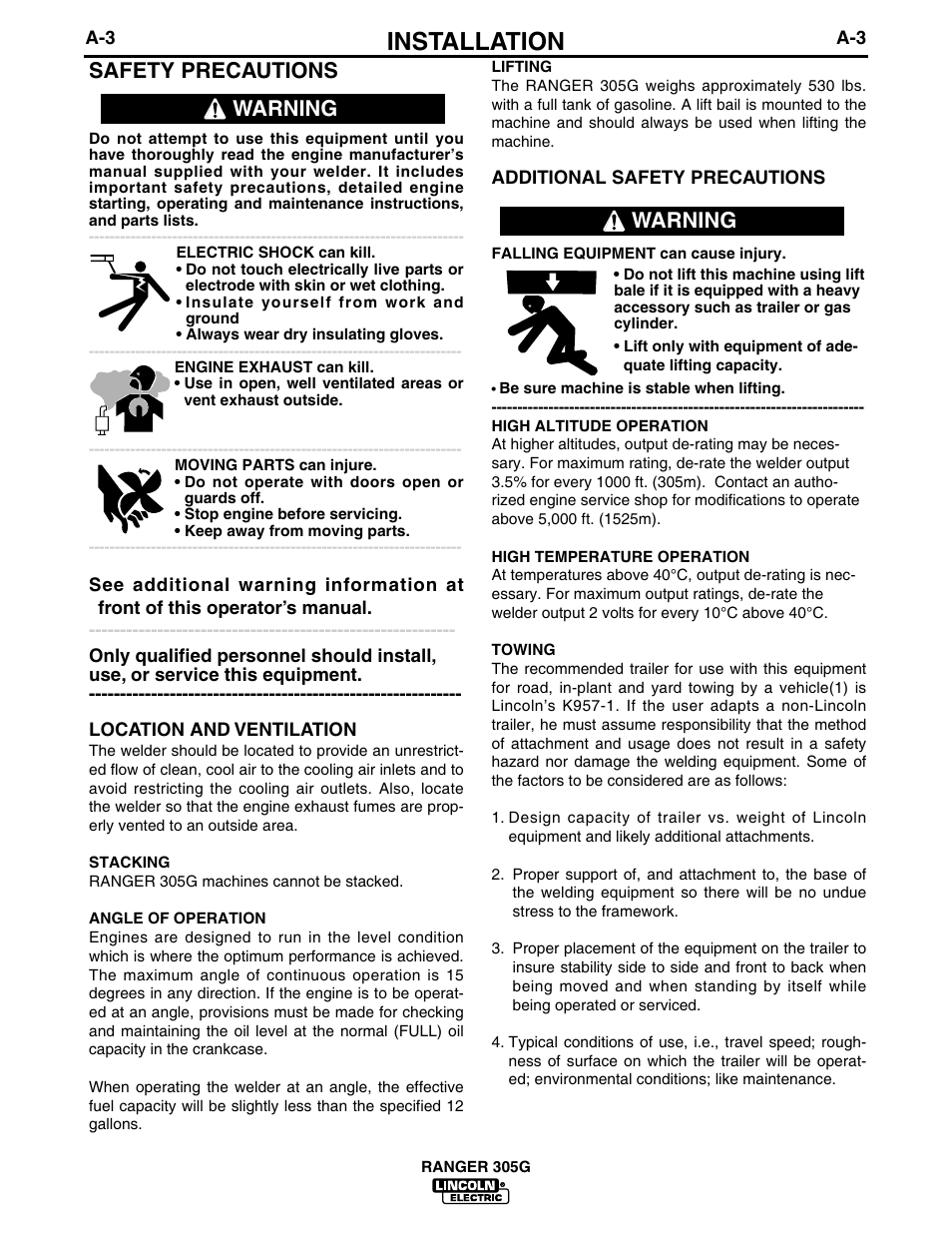 Installation, Safety precautions, Warning | Lincoln Electric IM674 RANGER 305 G User Manual | Page 11 / 50