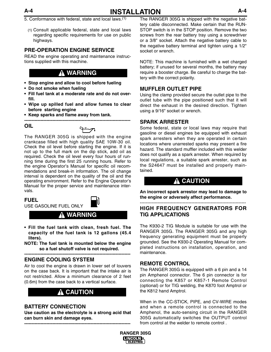 Installation, Caution warning warning caution | Lincoln Electric IM674 RANGER 305 G User Manual | Page 12 / 50