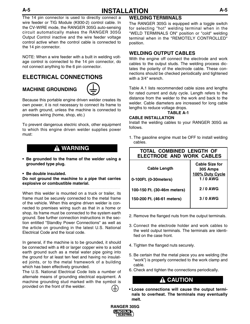 Installation, Electrical connections, Warning | Caution | Lincoln Electric IM674 RANGER 305 G User Manual | Page 13 / 50