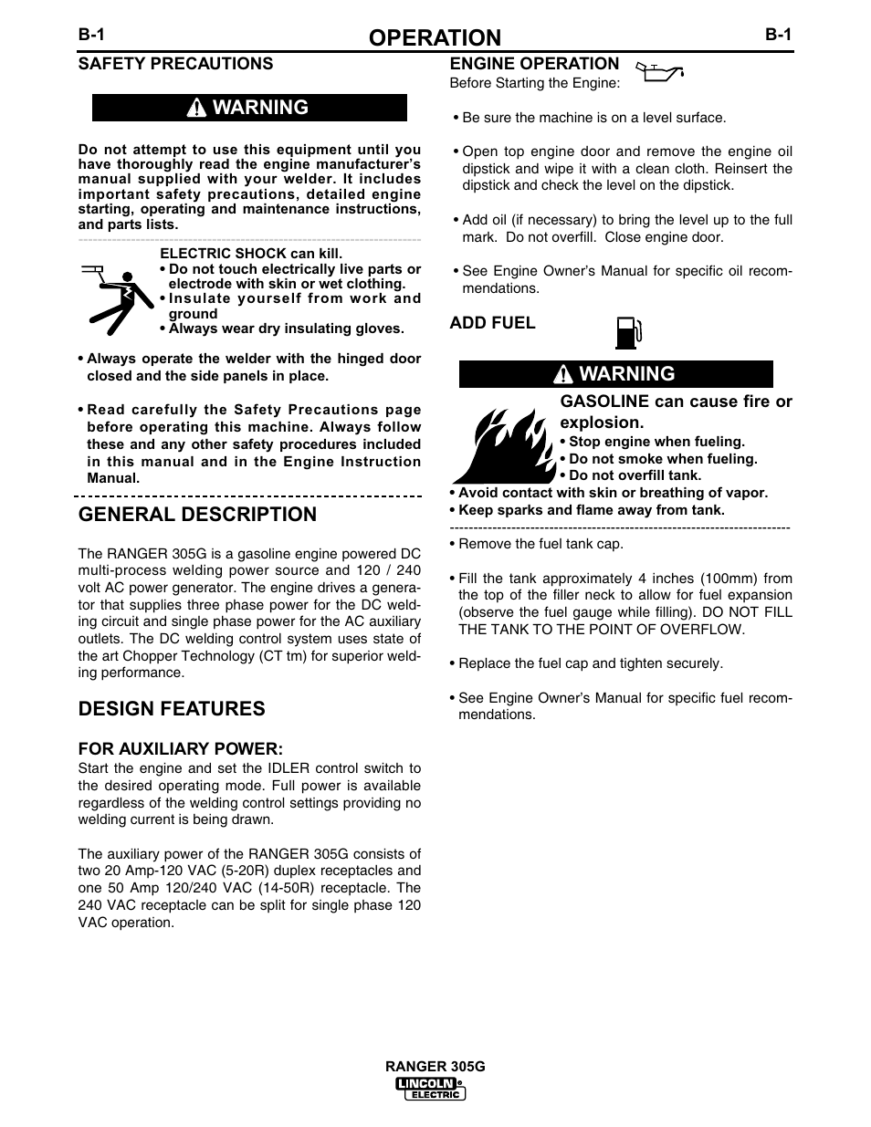 Operation, General description, Design features | Warning | Lincoln Electric IM674 RANGER 305 G User Manual | Page 17 / 50