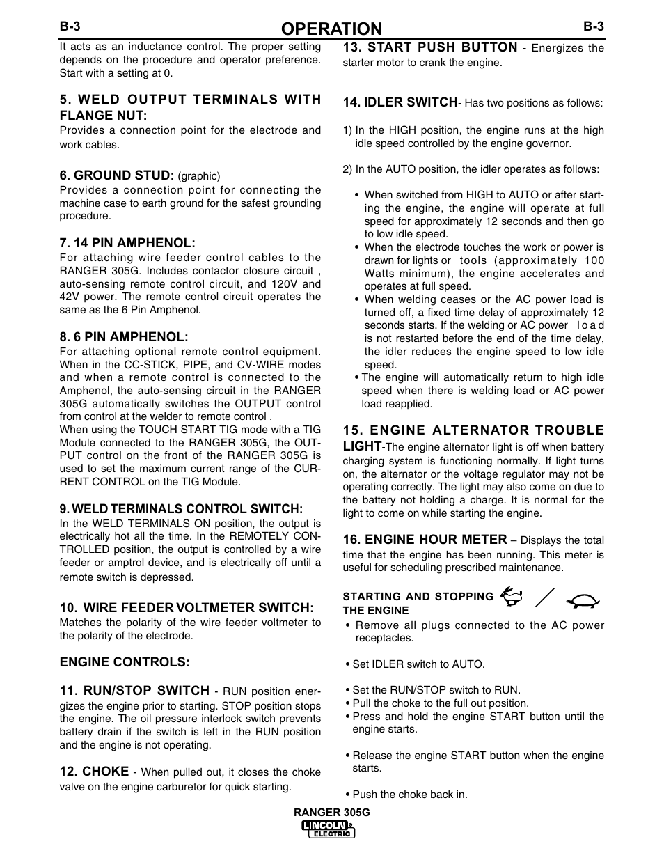 Operation | Lincoln Electric IM674 RANGER 305 G User Manual | Page 19 / 50