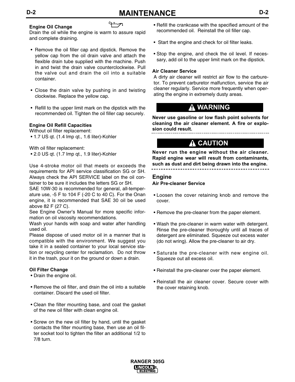 Maintenance, Caution warning | Lincoln Electric IM674 RANGER 305 G User Manual | Page 25 / 50