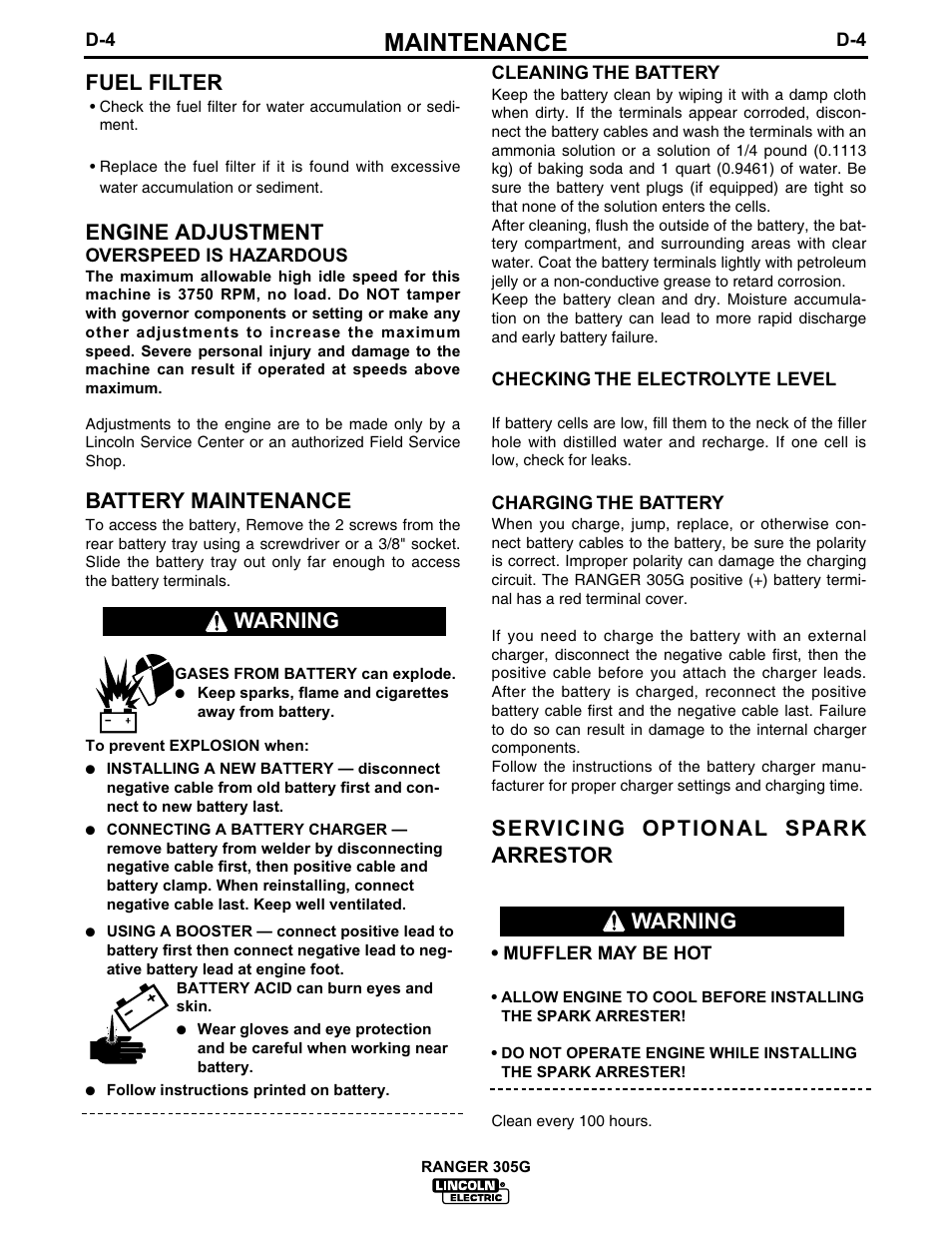 Maintenance, Fuel filter, Engine adjustment | Battery maintenance, Servicing optional spark arrestor, Warning | Lincoln Electric IM674 RANGER 305 G User Manual | Page 27 / 50