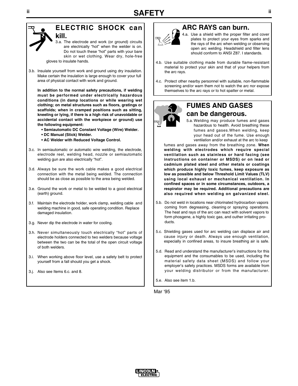 Safety, Arc rays can burn, Electric shock can kill | Fumes and gases can be dangerous | Lincoln Electric IM674 RANGER 305 G User Manual | Page 3 / 50