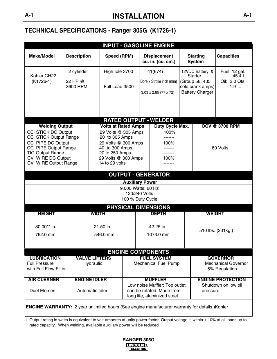 Installation | Lincoln Electric IM674 RANGER 305 G User Manual | Page 9 / 50