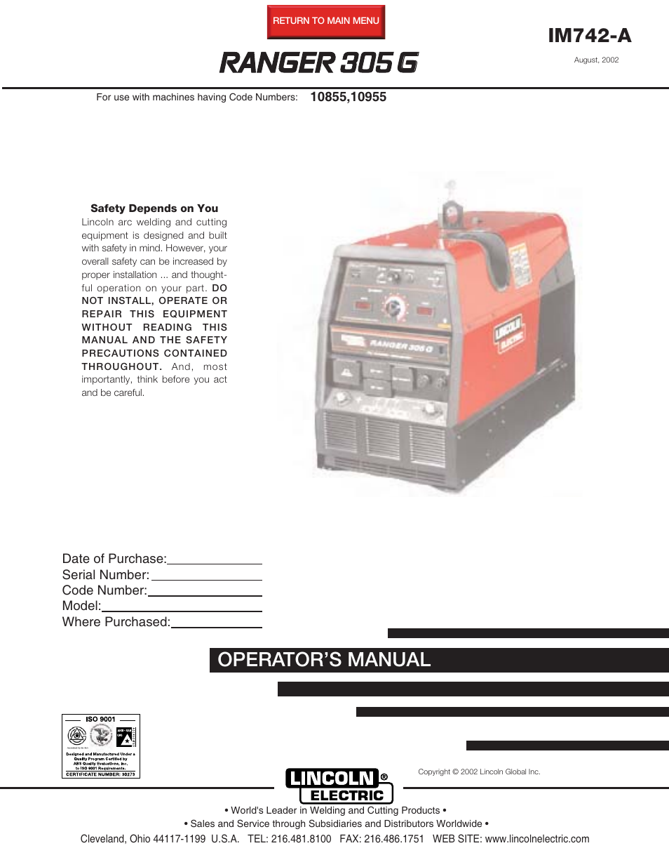 Lincoln Electric IM742 RANGER 305 G User Manual | 52 pages