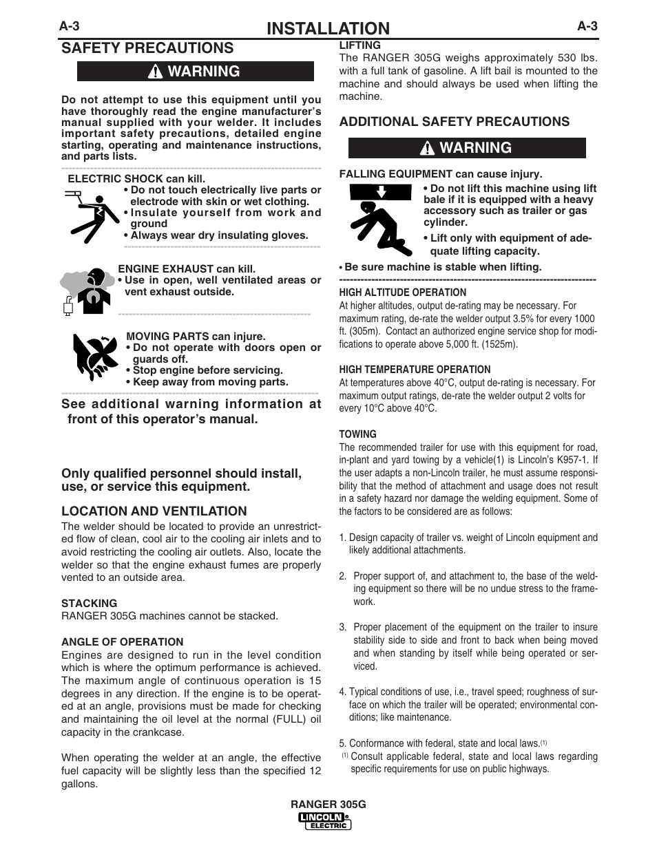 Installation, Safety precautions, Warning | Lincoln Electric IM742 RANGER 305 G User Manual | Page 11 / 52