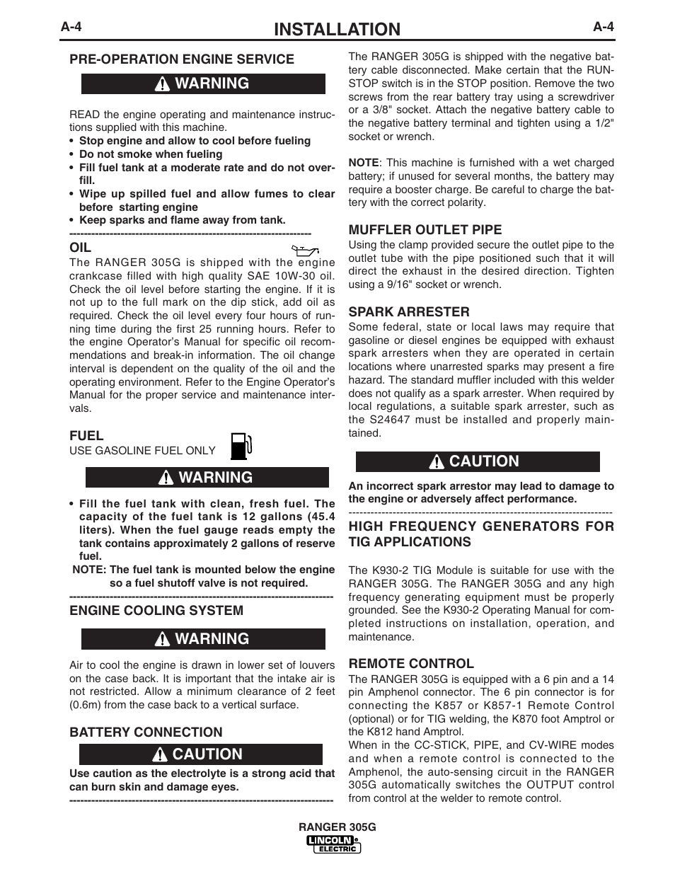 Installation, Caution warning warning caution warning | Lincoln Electric IM742 RANGER 305 G User Manual | Page 12 / 52