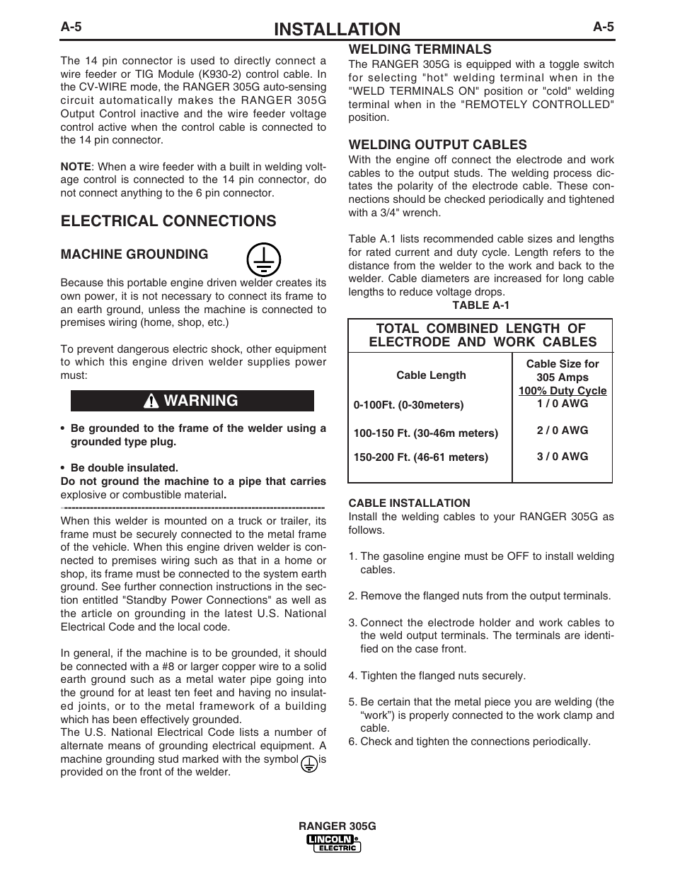 Installation, Electrical connections, Warning | Lincoln Electric IM742 RANGER 305 G User Manual | Page 13 / 52