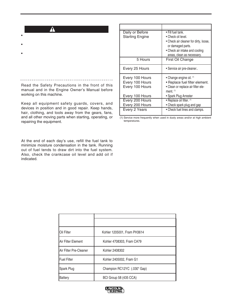 Maintenance, Kohler engine, Warning | Engine maintenance components | Lincoln Electric IM742 RANGER 305 G User Manual | Page 24 / 52