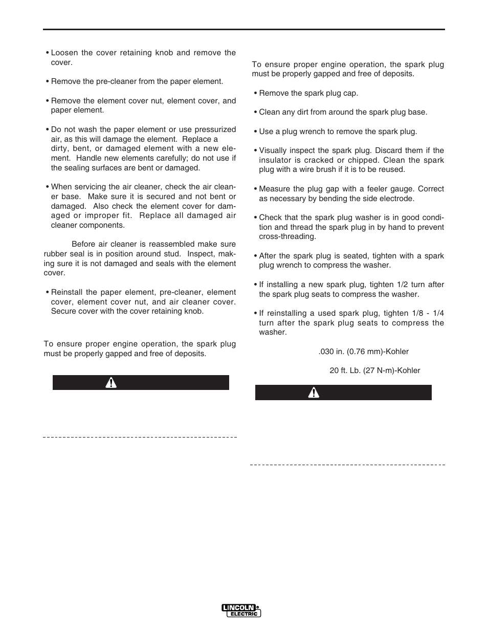 Maintenance, Spark plug, Caution warning | Lincoln Electric IM742 RANGER 305 G User Manual | Page 26 / 52