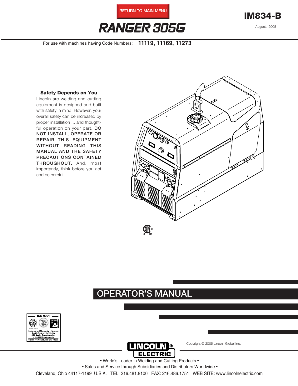 Lincoln Electric IM834 RANGER 305 G User Manual | 49 pages