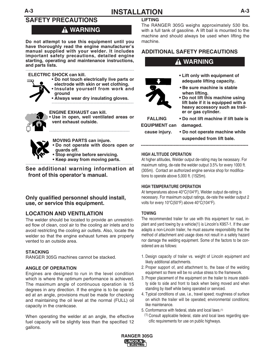 Installation, Safety precautions, Warning | Lincoln Electric IM834 RANGER 305 G User Manual | Page 11 / 49