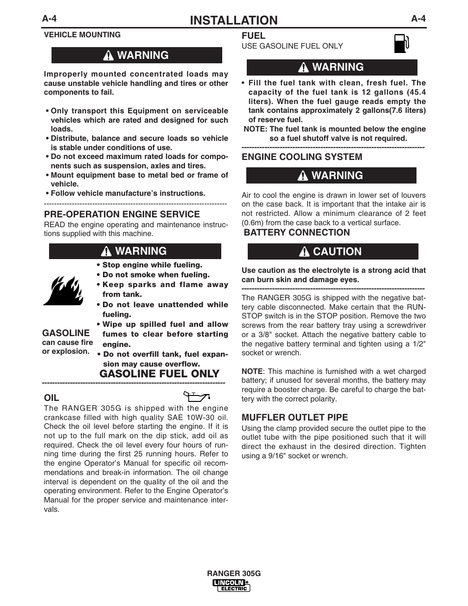 Installation, Warning, Warning caution warning | Gasoline fuel only | Lincoln Electric IM834 RANGER 305 G User Manual | Page 12 / 49