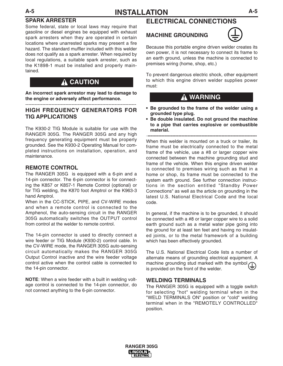 Installation, Electrical connections, Warning caution | Lincoln Electric IM834 RANGER 305 G User Manual | Page 13 / 49