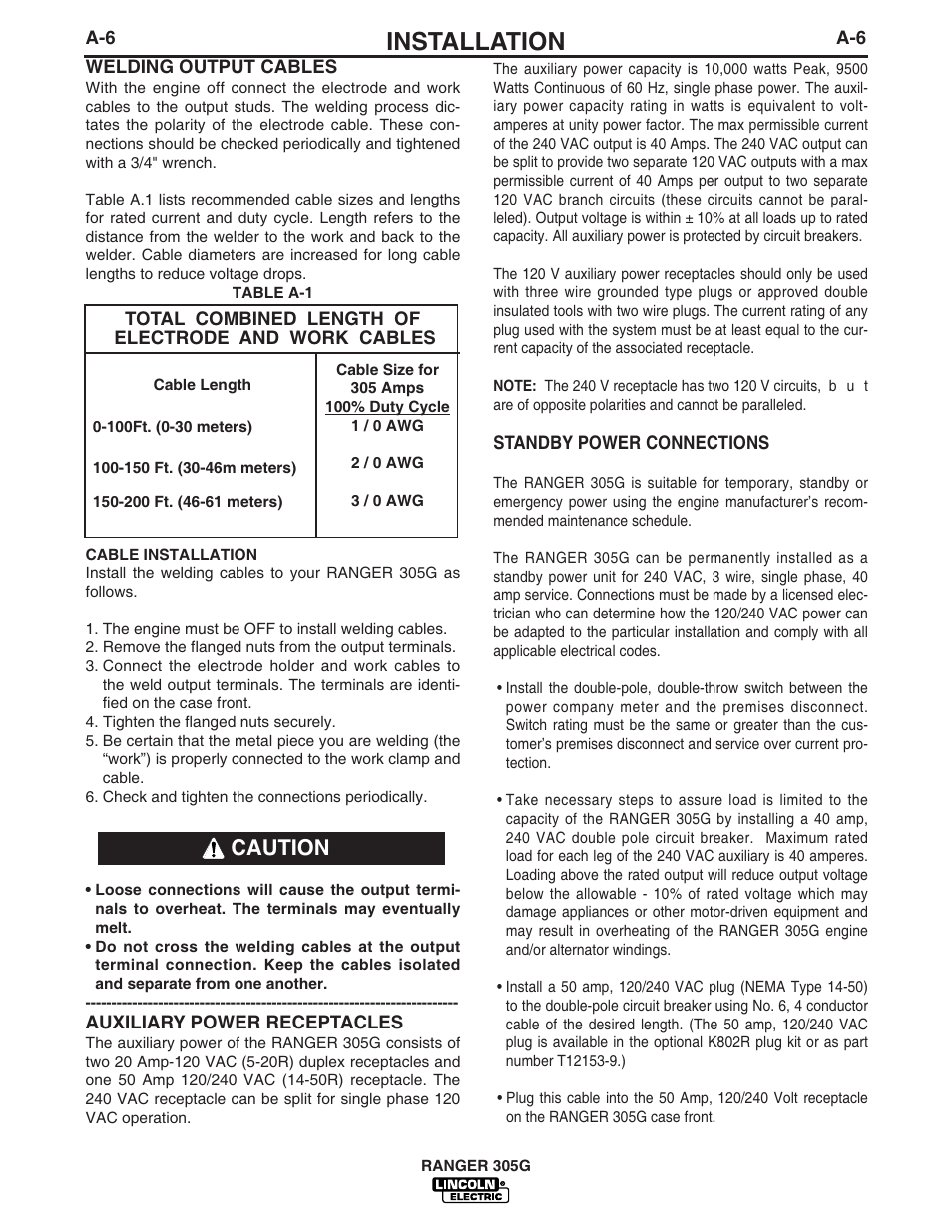 Installation, Caution | Lincoln Electric IM834 RANGER 305 G User Manual | Page 14 / 49