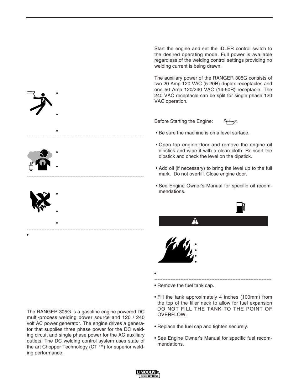 Operation, General description, Design features | Warning safety precautions | Lincoln Electric IM834 RANGER 305 G User Manual | Page 18 / 49