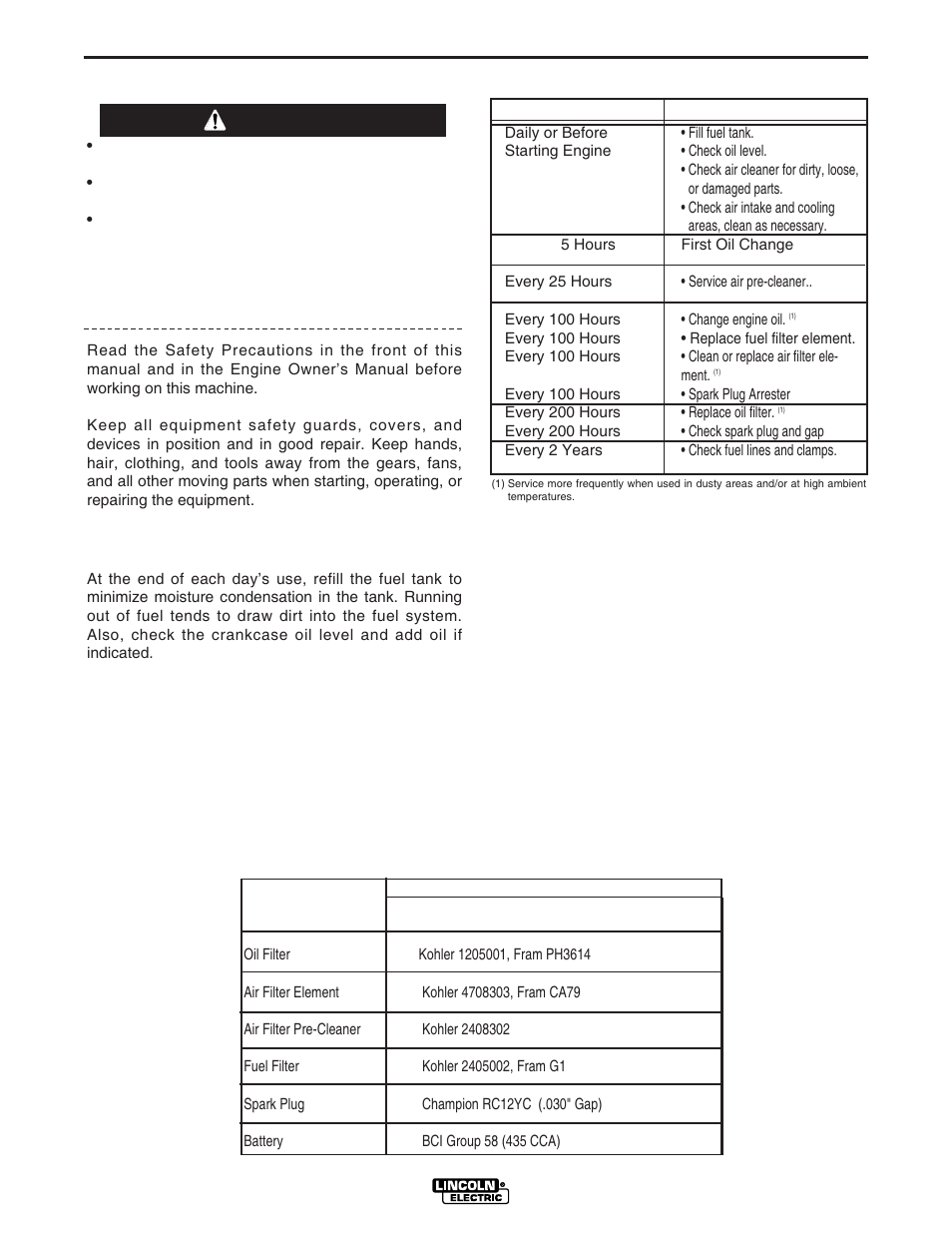 Maintenance, Kohler engine, Safety precautions | Warning, Engine maintenance components | Lincoln Electric IM834 RANGER 305 G User Manual | Page 25 / 49