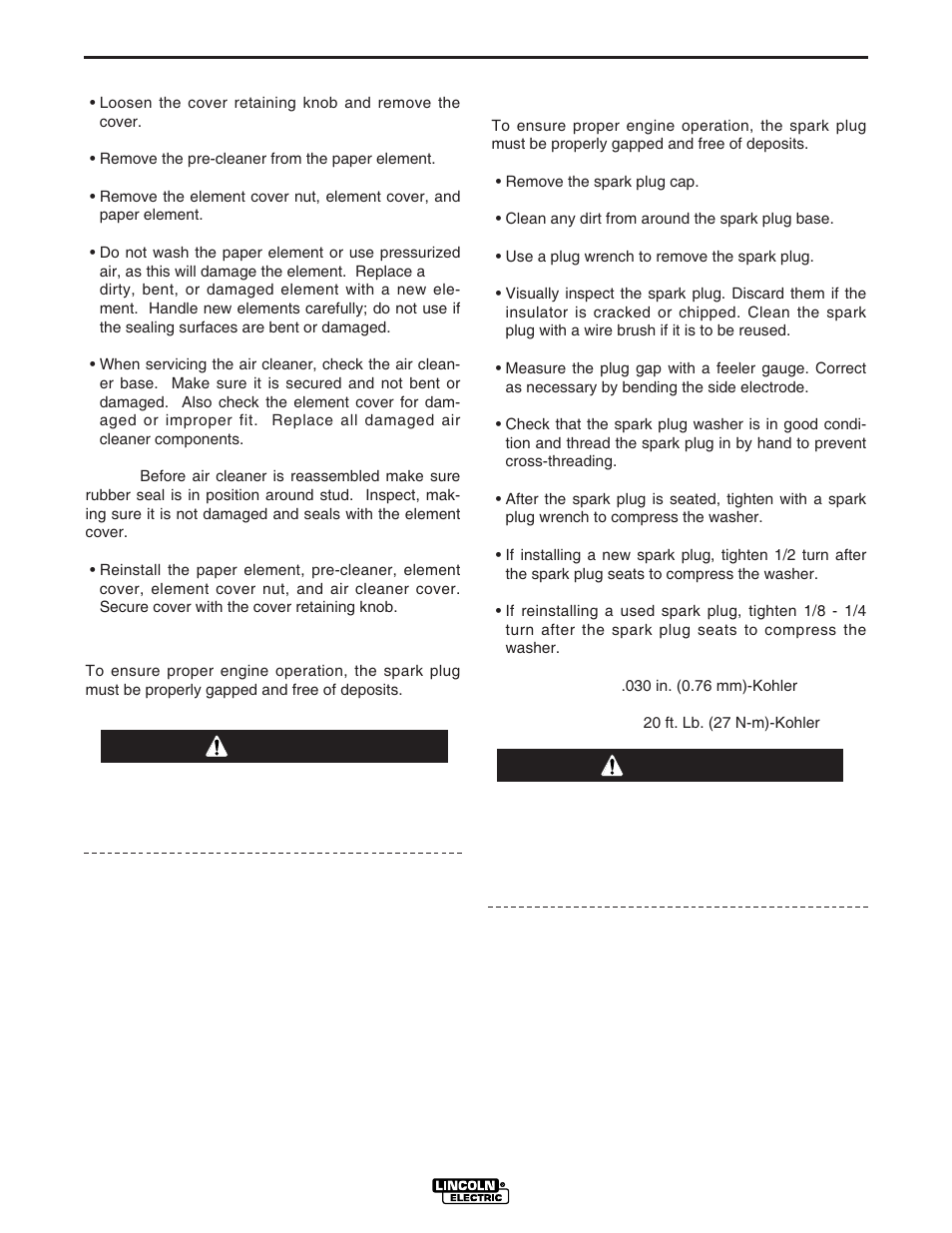 Maintenance, Spark plug, Caution warning | Lincoln Electric IM834 RANGER 305 G User Manual | Page 27 / 49