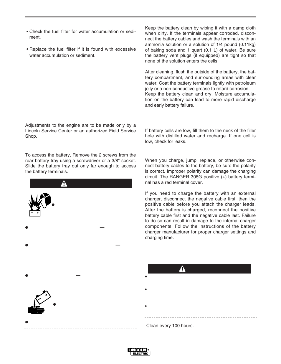 Maintenance, Fuel filter, Engine adjustment | Battery maintenance, Servicing optional spark arrestor, Warning | Lincoln Electric IM834 RANGER 305 G User Manual | Page 28 / 49