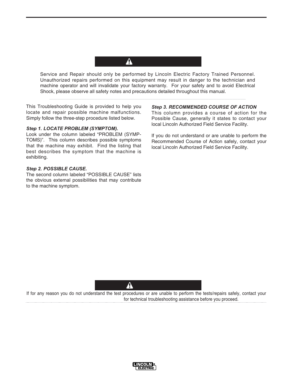 Troubleshooting, Caution, How to use troubleshooting guide | Warning | Lincoln Electric IM834 RANGER 305 G User Manual | Page 30 / 49