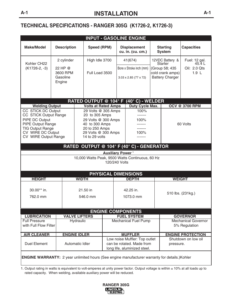 Installation | Lincoln Electric IM834 RANGER 305 G User Manual | Page 9 / 49