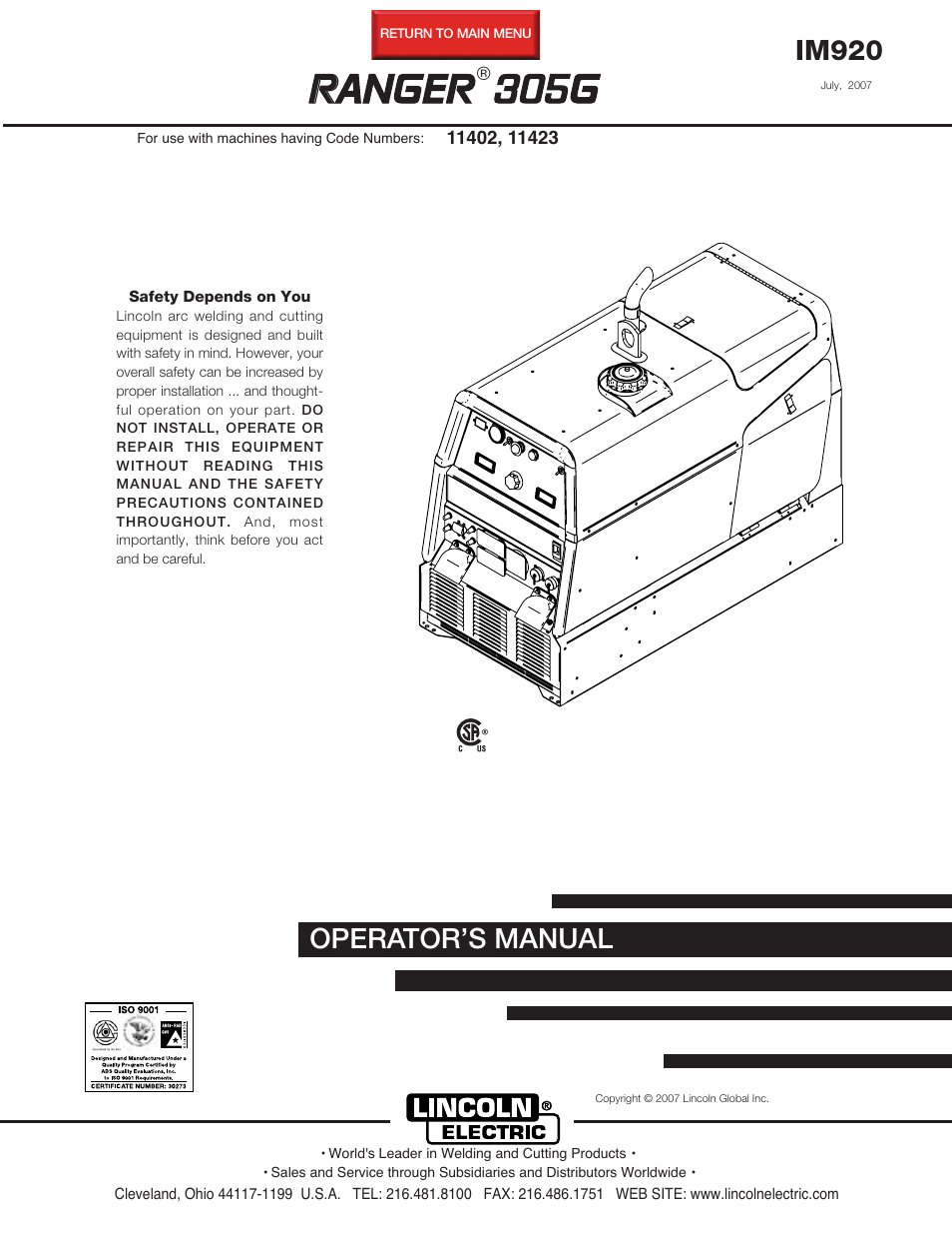 Lincoln Electric IM920 RANGER 305 G User Manual | 49 pages