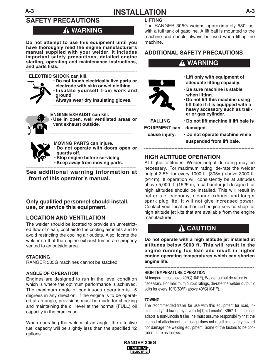 Installation, Safety precautions, Warning | Warning caution | Lincoln Electric IM920 RANGER 305 G User Manual | Page 11 / 49