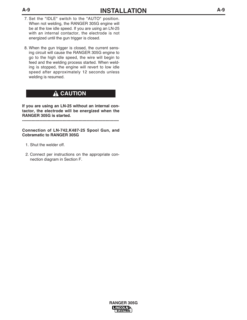 Installation, Caution | Lincoln Electric IM920 RANGER 305 G User Manual | Page 17 / 49