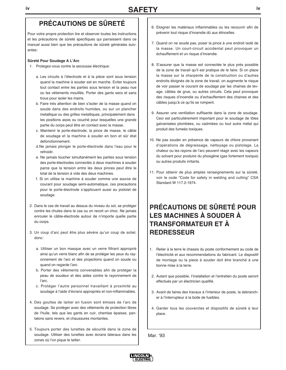 Safety, Précautions de sûreté | Lincoln Electric IM920 RANGER 305 G User Manual | Page 5 / 49